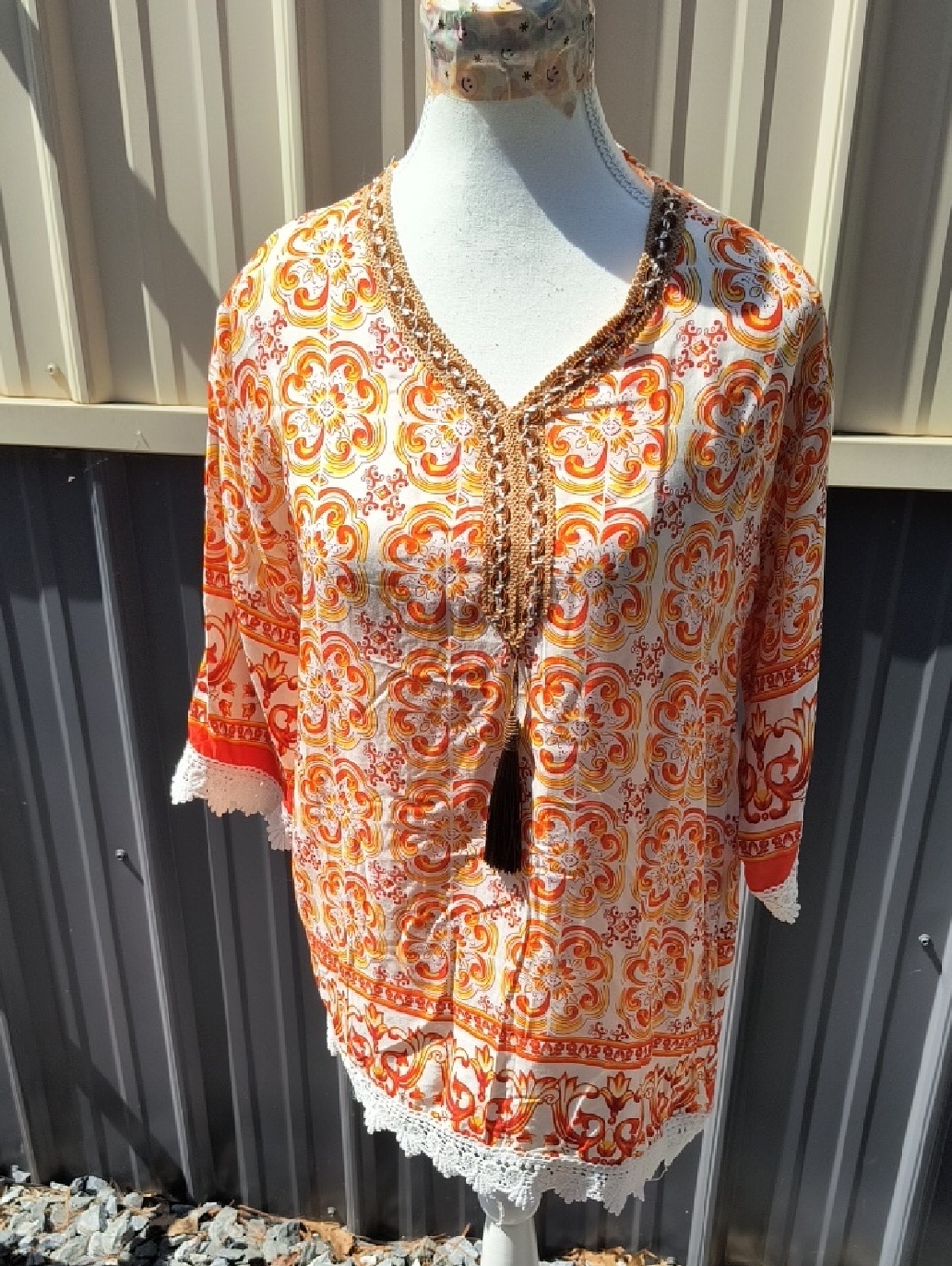 Boho Orange Floral V-Neck Tunic with Tassel and Crochet Trim